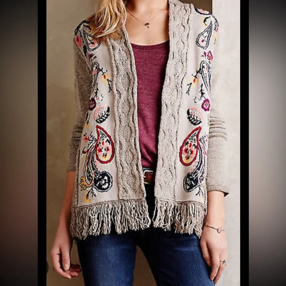Anthropologie SLEEPING ON SNOW Folklore Cardigan Sweater Embroidered Fringe Boho